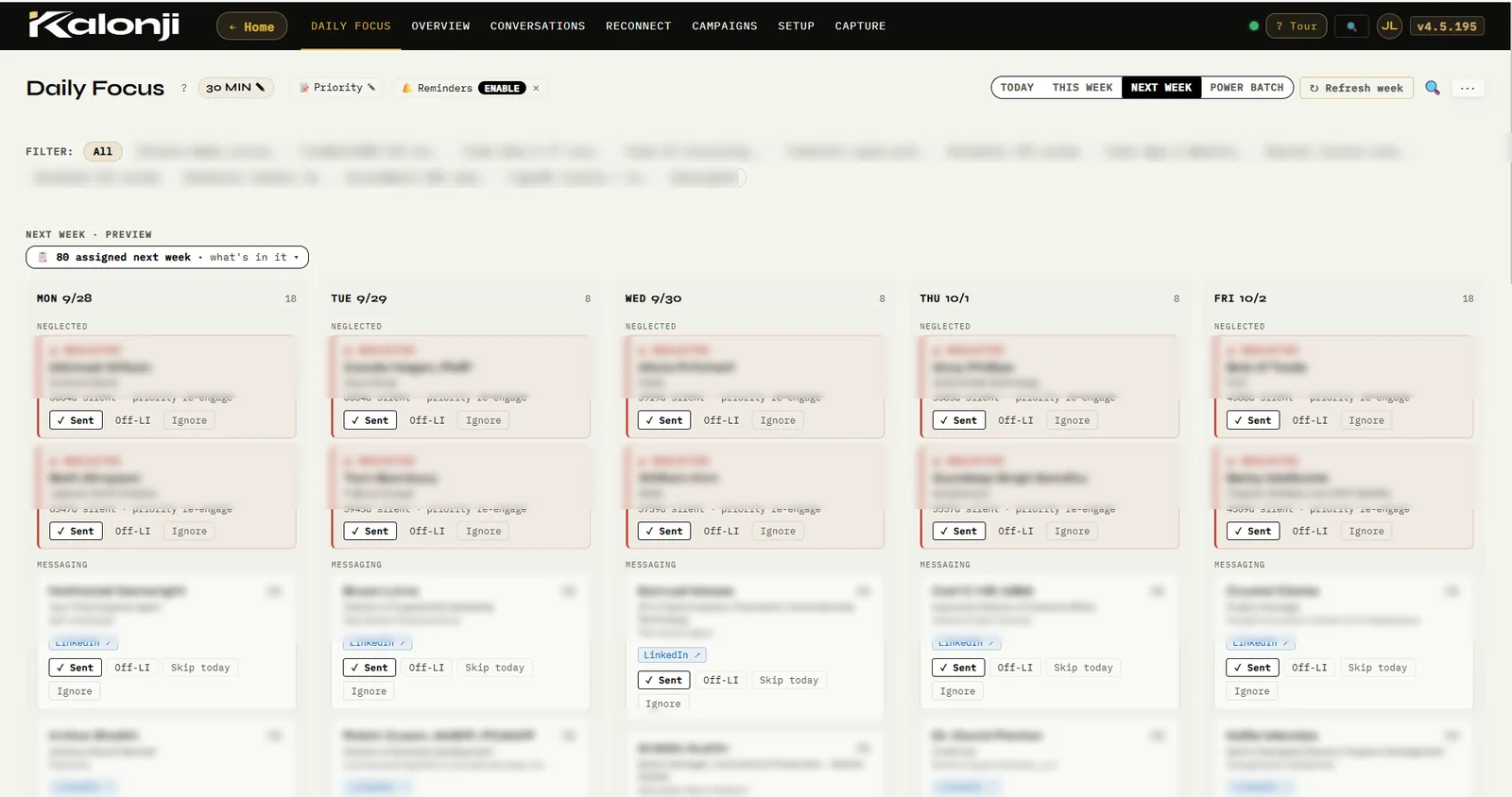 Kalonji web application showing a weekly Daily Focus board of tasks by day